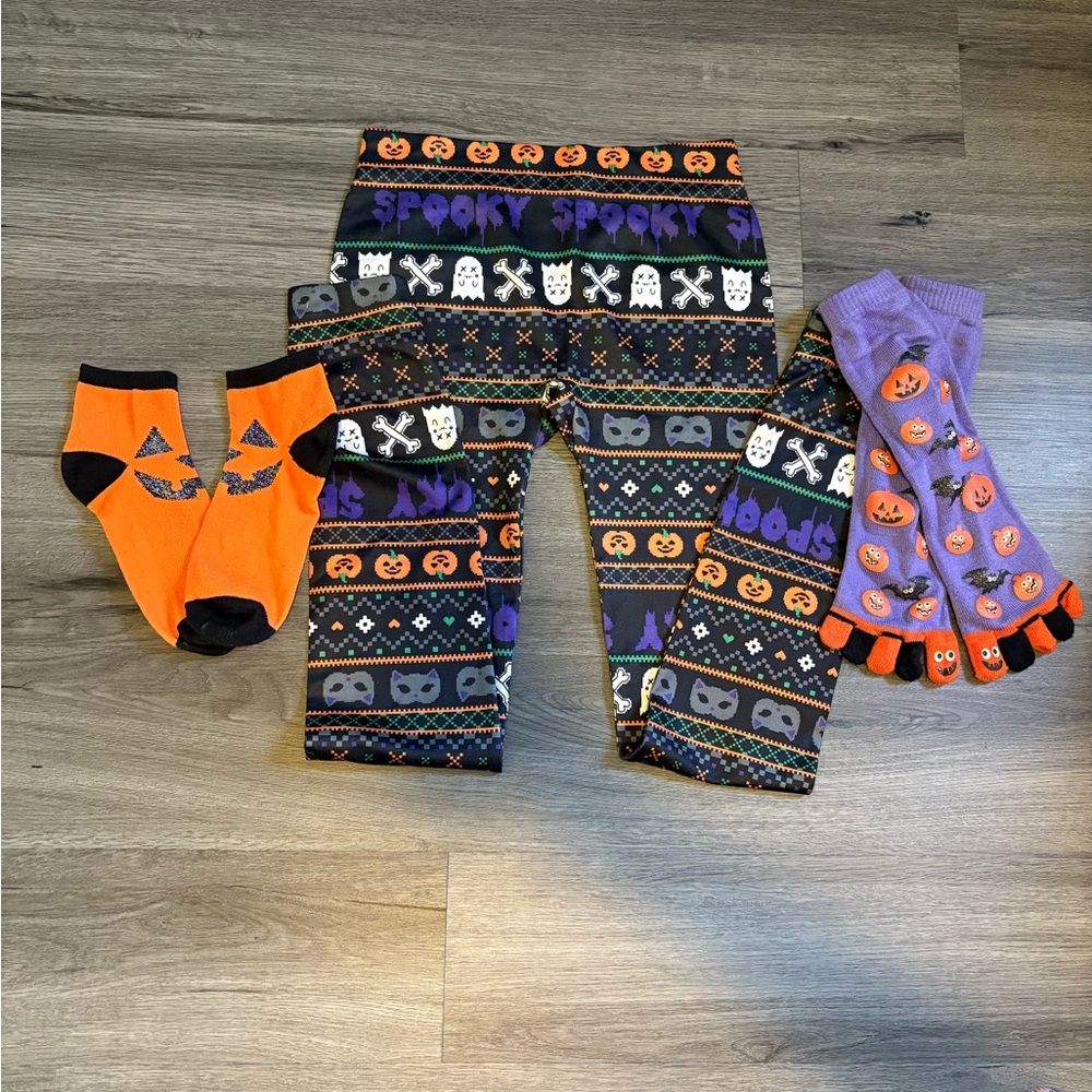 No Boundaries Halloween Leggings with Socks Set - Black, Orange, Purple